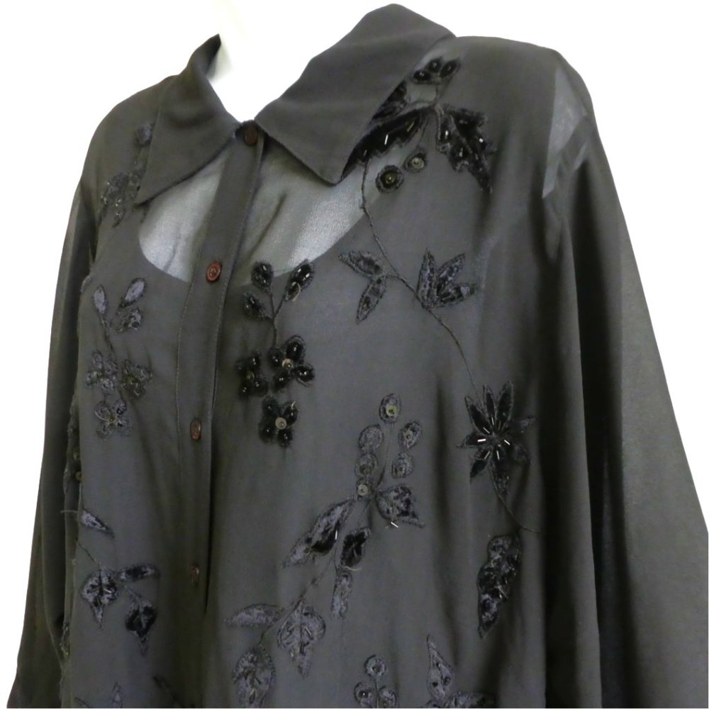 Fashion Bug Vintage Black Sheer Blouse Beaded Velvet Flowers Built In Tank Slip
